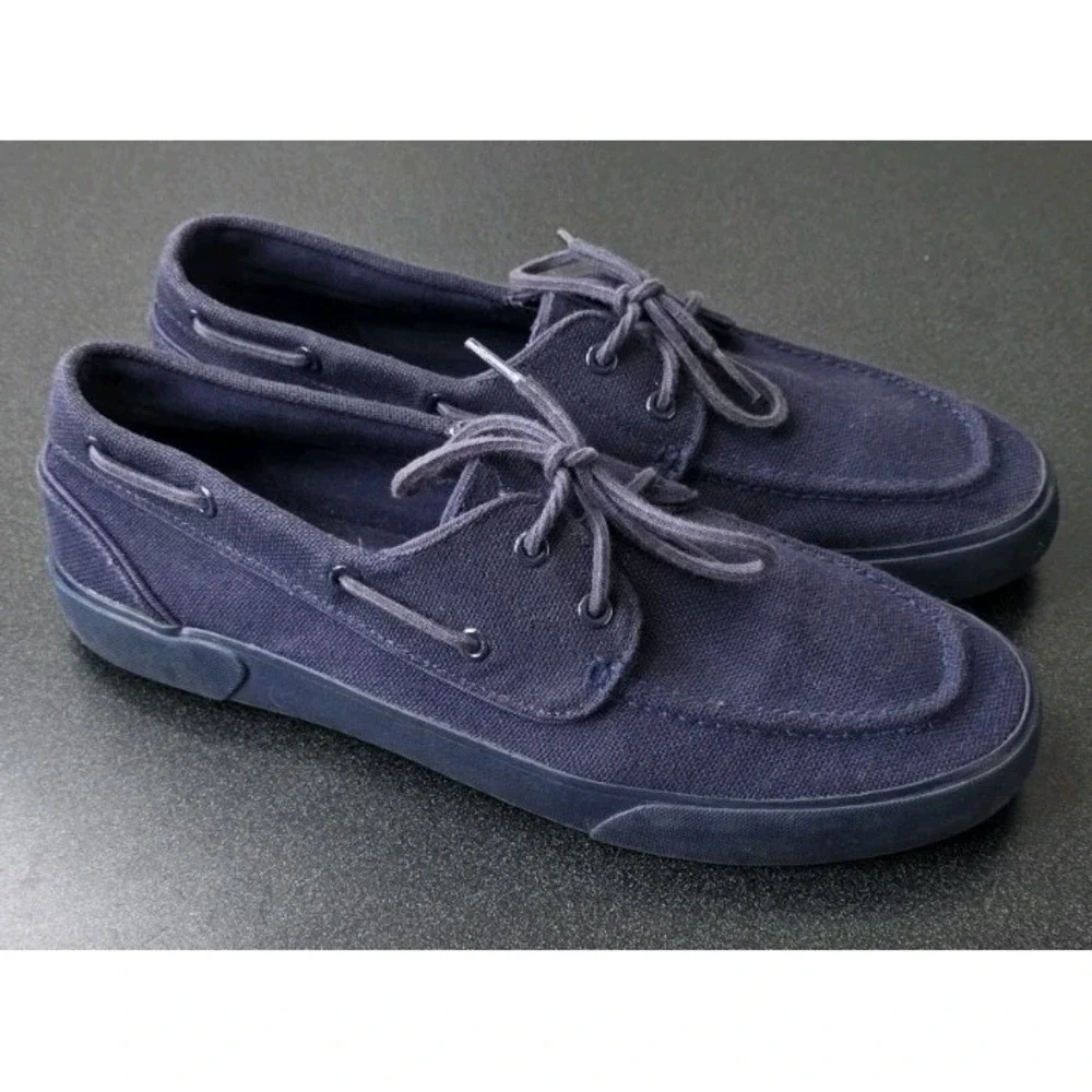 Polo Ralph Lauren Lander Navy Canvas Boat Shoes Lace-Up Men 12D Nautical Coastal